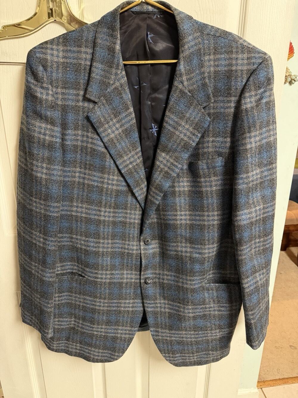 70s Kupp Blue Gray Patterned Flannel Wool Blazer Sport Coat Sz 46L Check Stripe